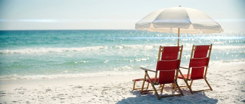 Two red beach chairs and an umbrella on a beautiful white sand beach in front of the ocean on sunny day
