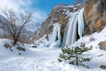 Wintry waterfall cascading over snow-covered mountainside