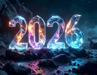 Luminous, crystalline 2026, set on a rocky, glowing landscape