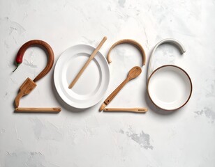 2026 constructed from food and kitchen utensils on a textured surface