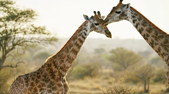 Two giraffes head to head in savanna. Safari, wildlife, animals, nature, Africa, outdoor, travel.