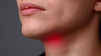 Obraz premium Inflammation: A close-up view highlights the subtle inflammation under the chin of the human model, with a visual indicator signifying discomfort.