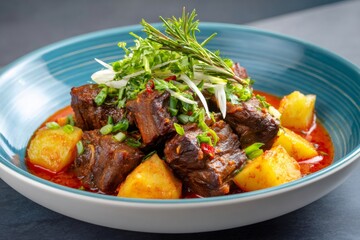 Fototapeta premium Braising short rib beef stew with potatoes and rosemary