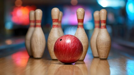 A close-up shot of a red bowling ball with a hole, positioned in front of wooden bowling pins. Focus on a sporting activity