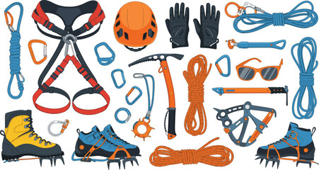 Rock climbing equipment vector set with harness helmet rope carabiners shoes gloves and safety gear © Rubya