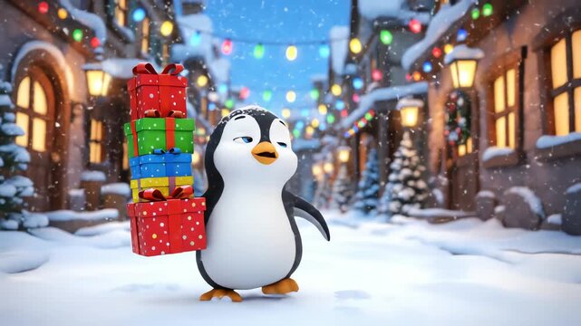 A cute 3d rendered christmas winter penguin diligently carries a tall stack of colorful presents down a snowy, warmly lit festive village street.