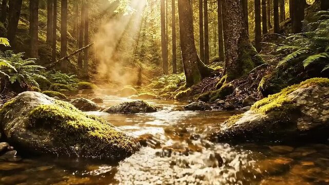 Golden sunlight pierces through dense forest trees, illuminating a misty stream flowing over moss-covered rocks and vibrant ferns, creating a serene and mystical natural landscape.