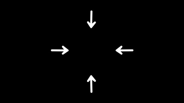 Animation of four white hand-drawn arrows pointing inward to a central focus point on a black background ideal for highlighting content and call-to-actions.
