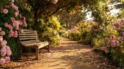 Fototapeta premium A tranquil garden scene with a wooden bench overlooking a path lined with blooming pink roses, bathed in warm sunlight