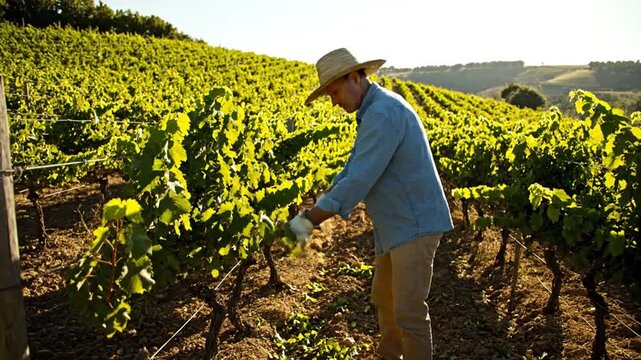 Man in a hat pruning grapevines in a lush vineyard on a sunny day with rolling hills in the background.