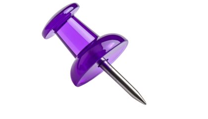 A glossy, purple thumbtack with a silver pin, isolated against a black background