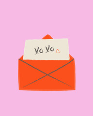 Doodle crayon envelope with letter for Valentines day greeting card. Flat vector illustration.