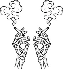 Skeleton Hand Smoking Cigarette Line Art Illustration.
