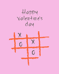 Сute Valentine&rsquo;s Day greeting card with doodle heart shaped Tic-Tac-Toe, Noughts and Crosses. Hand drawn crayon poster. Cartoon isolated vector illustration