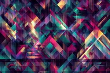 Abstract Geometric Pattern with Vibrant Neon Colors Triangles and Rectangles on Dark Background for Modern Design and Visual Appeal
