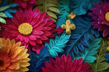 Bright Quilling Paper Flowers in Vivid Colors and Intricate Details on Dark Background with Textural Richness and Artistic Craftsmanship