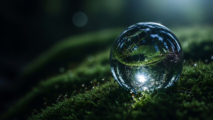  Glass sphere on green moss in forest with soft bokeh background