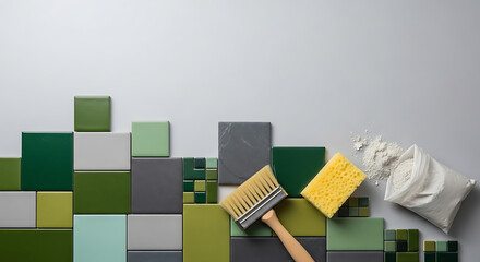 Colorful ceramic tiles with cleaning brush, sponge, and detergent powder on gray background