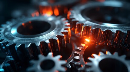 Close-up abstract of interlocking metal gears in a machine, with focus on mechanical parts. Glowing light adds depth