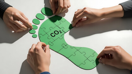 Collaborative teamwork puzzle with CO2 symbol for environmental awareness