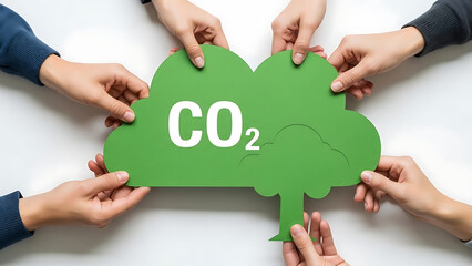 Group of hands holding a green cloud with CO2 symbol