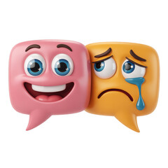 Naklejka premium Pink and yellow cartoon speech bubbles with happy and sad faces side by side transparent background isolated on a transparent background