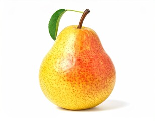 A ripe pear, yellow with red blush, with leaf, against white background