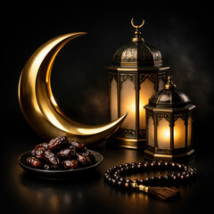 Ramadan Scene with Golden Moon Dates and Lanterns Islamic crescent