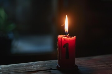 Red candle with number one burning on wooden table creating warm light in dark room