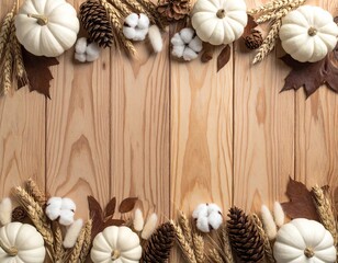Rustic autumn arrangement with pumpkins, wheat, pinecones, and cotton