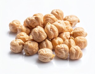 Pile of pale, textured, and round legumes on a bright white surface