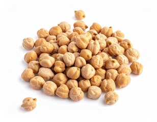 Close-up view of a pile of beige chickpeas against a white backdrop