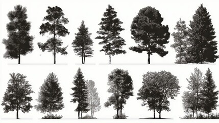 Collection of Forest Trees in Graphic Style Featuring Various Coniferous and Deciduous Trees Silhouetted on White Backgrounds Displaying Different Shapes and Sizes