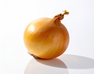 A single yellow onion on a glossy white surface, casting a subtle shadow