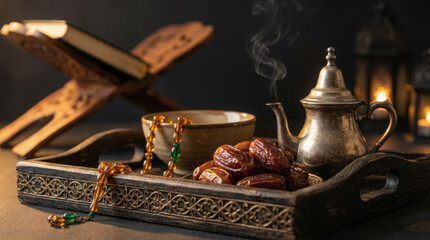 Ramadan Setting with Dates, Tea, Quran Stand, and Lanterns Islamic Muslim