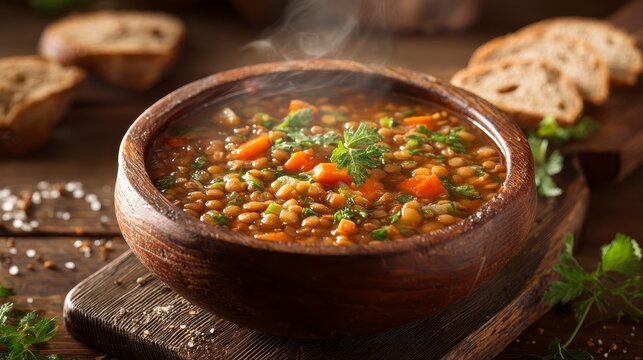 Steaming bowl of lentil soup with carrots and herbs, served with crusty bread on a rustic wooden surface - Powered by Adobe