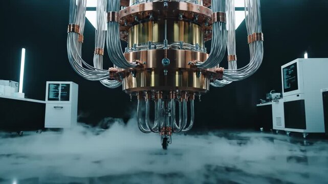 Quantum computer standing in misty high tech laboratory 3d render