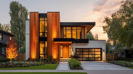 Contemporary Home Exterior at Sunset with Wood and Concrete Facade Featuring Glass Garage Door in Lush Green Landscaping Illuminated by Warm Natural Light