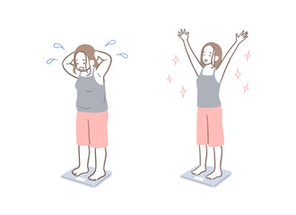 ダイエットに成功した女性と失敗した女性のイラストセット