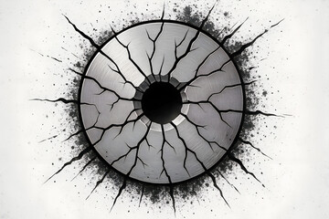 hole, wall, metal, bolt, center, cracks, debris, shattered, impression, surface, background, giving, abstract, white, textured, design, pattern, black, destruction, break, danger, isolated, rough, dam