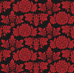 Vector gloomy seamless pattern with decorative red flowers and leaves on black background. Tracery floral ornament