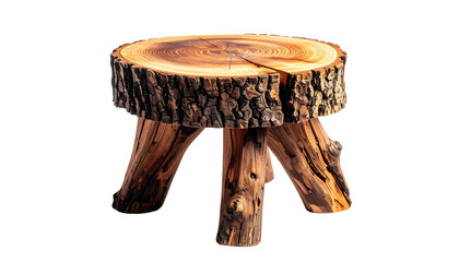 Rustic, handmade stool crafted from a section of a tree trunk with three natural legs