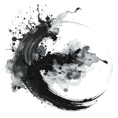Abstract, monochrome ink painting, brushstrokes create a dynamic, swirling, circular composition