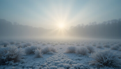 Serene winter landscape with frosty bushes and sunrise