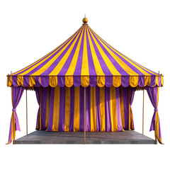 A grand, ornate tent with purple and gold stripes, stage and curtains