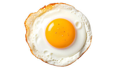 Overhead shot of a fried egg, golden yolk, white cooked edge, on black background