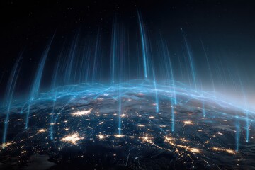 Data Stream Flowing Above Illuminated Earth Cityscape Network Connections With Complex Information Transfer In Deep Space