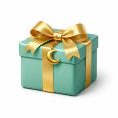 Teal Gift Box with Gold Ribbon and Crescent Moon Charm present turquoise