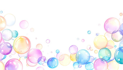 Pastel-colored, transparent bubbles of various sizes float against a black background