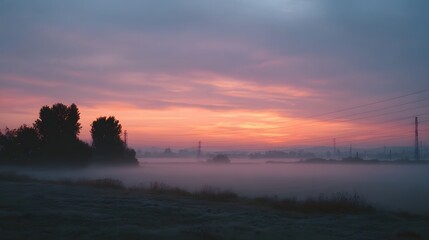 Naklejka premium Atmospheric dawn landscape shrouded in fog with silhouetted industrial towers against a soft sunrise sky